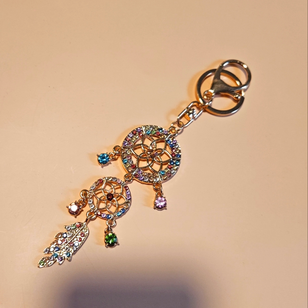 Dream Catcher Feathered Bag Charm Purse Charm Keychain Gold Rhinestone Charm NEW